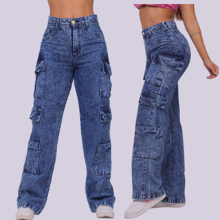 Calça Super Cargo Feminina Wide Leg Jeans Cos Alto Sem Laycra Elastano 100% Algodão Pantalona em Oferta na Shopee