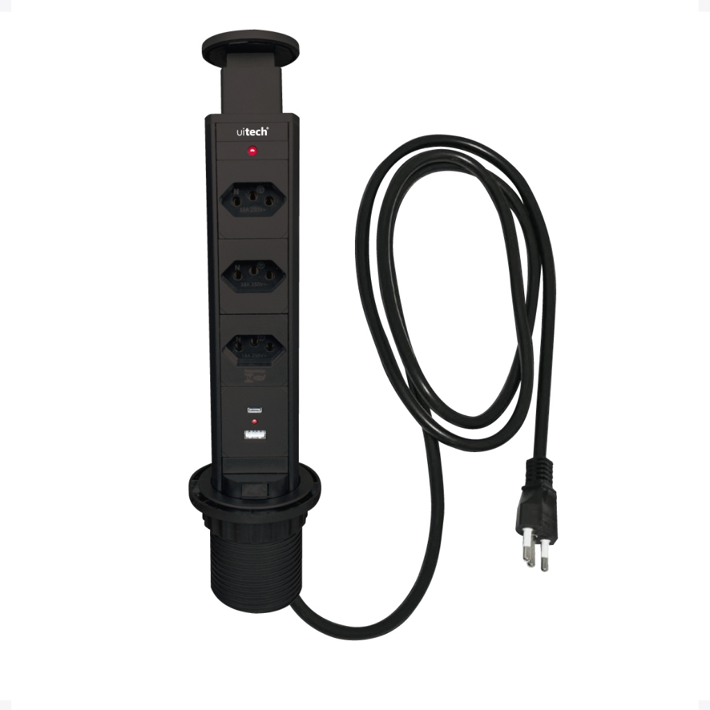 Torre 3 Tomadas 2USB A/C 20 amperes Sobrepor Embutir Bancada Mesa Retrátil Totem Inteligente 20A Bivolt cabo 2,5 mm