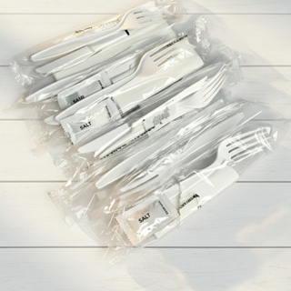 Kit Ate 100 Unidades Garfo Faca Sal Guardanapo Descartavel Embalados Restaurante Delivery Festa em Oferta na Shopee