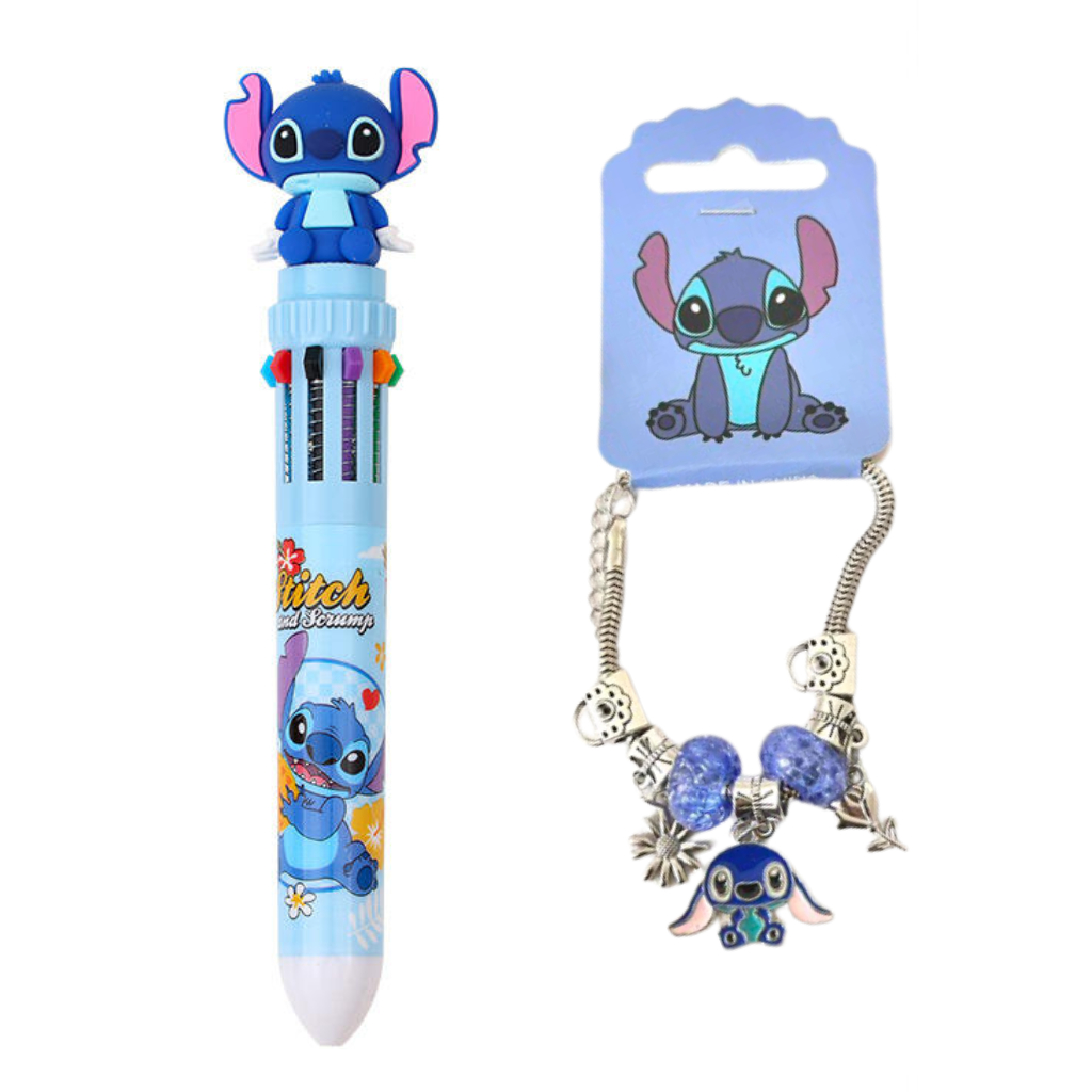 Kit Stitch Volta às Aulas - Caneta Esferográfica 10 Cores + Pulseira Berloques Prata Aço Inox em Oferta na Shopee