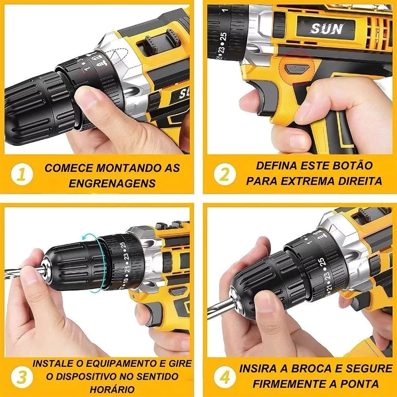 Parafusadeira Furadeira de Elétrica Sem Fio Impacto 48V Bateria 3 funções Kit Completo Acessórios