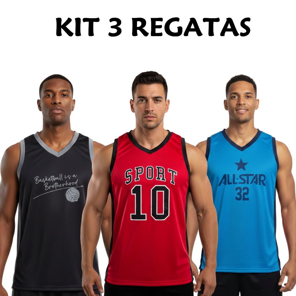 Kit 3 Camisetas Regata Masculina de Basquete Esportiva para Academia, Treino e Uso Casual