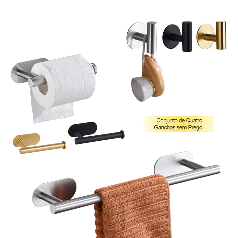 Kit para Banheiro em Aço Inoxidável de Parede sem Furos, com Porta Rolo e Ganchos em Oferta na Shopee