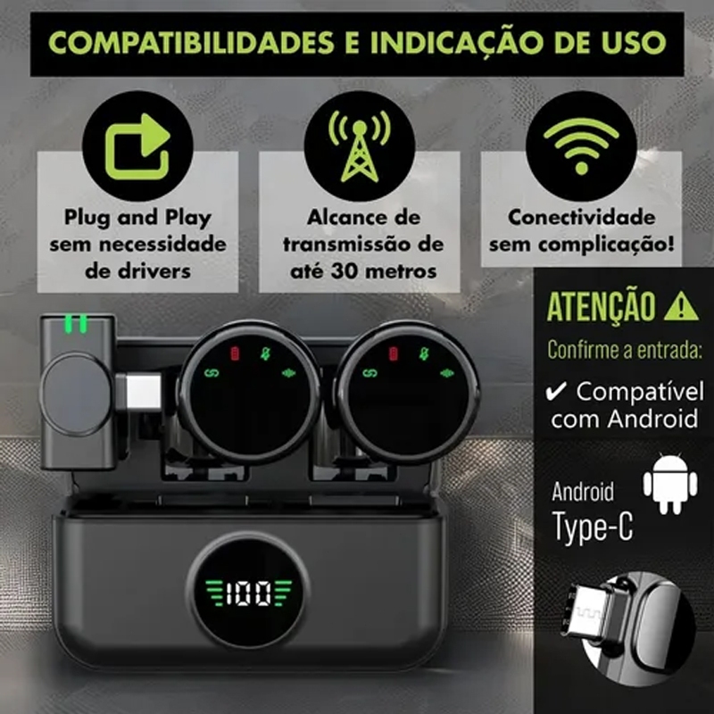 Microfone Lapela Sem Fio Profissional  Redução de Ruído, Imã + 7h Bateria