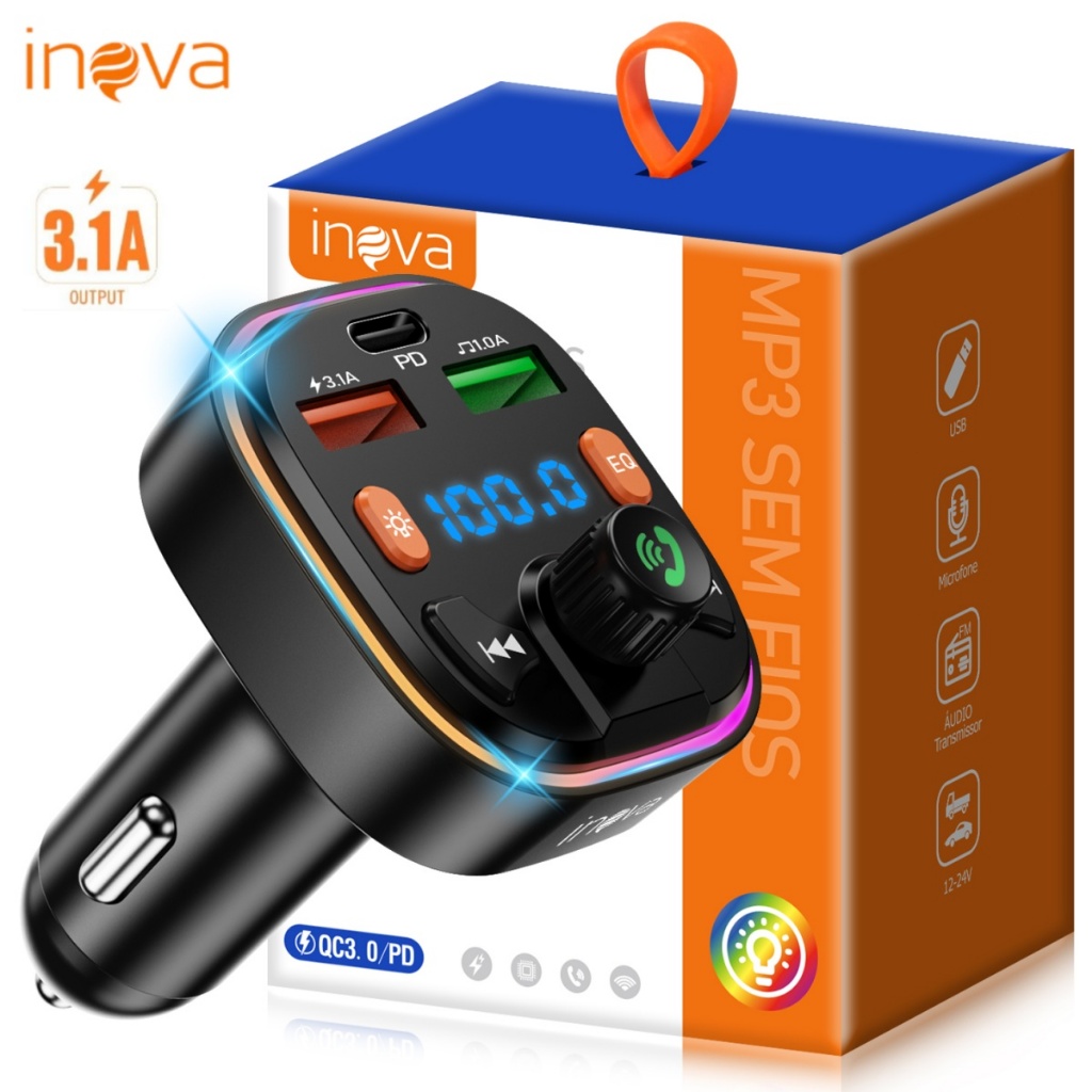 INOVA Adaptador Veicular QC3.0 + Bluetooth 5.0: Transmissor FM, MP3 Player, Áudio Estéreo Modulação em Oferta na Shopee