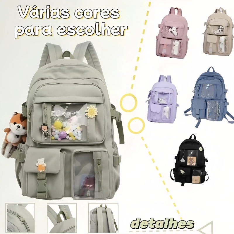 mochila feminina coreana escolar e para passeio grande capacidade com pingente de urso fofo em Oferta na Shopee