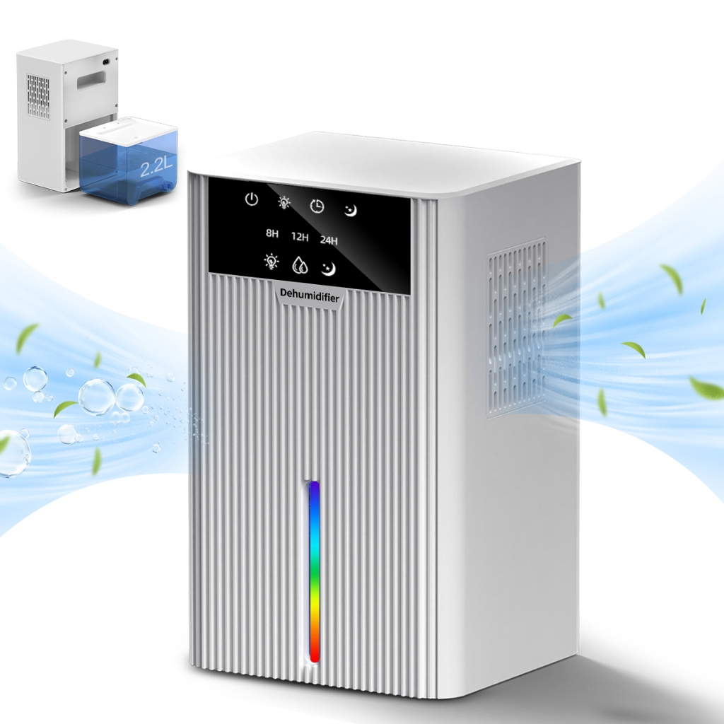 Desumidificador 2200ml, ultra-silencioso (32dB) para quartos. Remove 350ml/dia, área de 25㎡, toque suave, timer e luz am