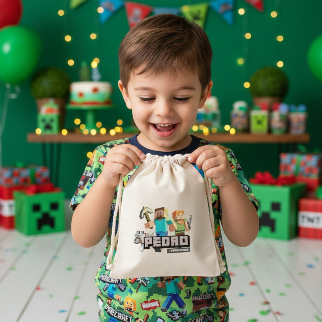 Saquinhos Personalizados de Algodão Crú Minecraft Lembrancinha Festa Infantil Tema Minecraft Aniversário Infantil