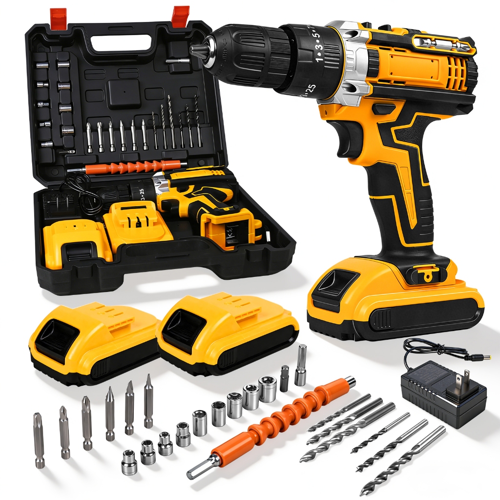 Kit Parafusadeira Furadeira Sem Fio Impacto com 2 Baterias 21V 45NM Profissional, Maleta + Brocas/Bits em Oferta na Shopee