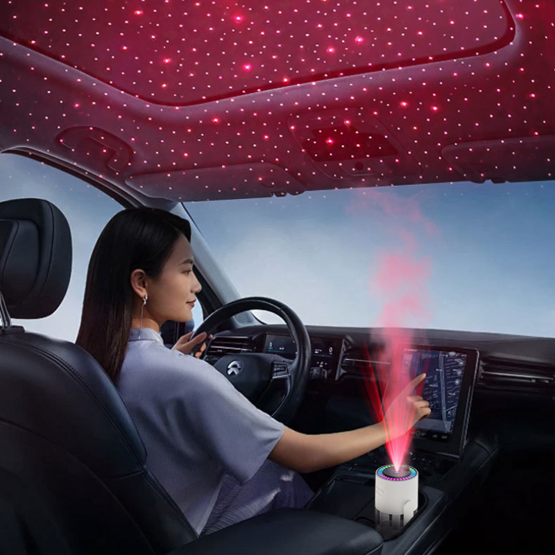 Humidificador multifuncional para automóvel com projeção de céu estrelado e luz ambiente, giratório