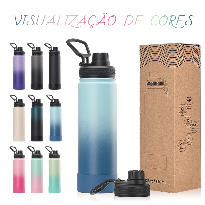 WATERSY Garrafa Térmica 650ml Inox 18/8, Isol. Duplo, 24h Quente/Frio c/ Alça p/ Academia