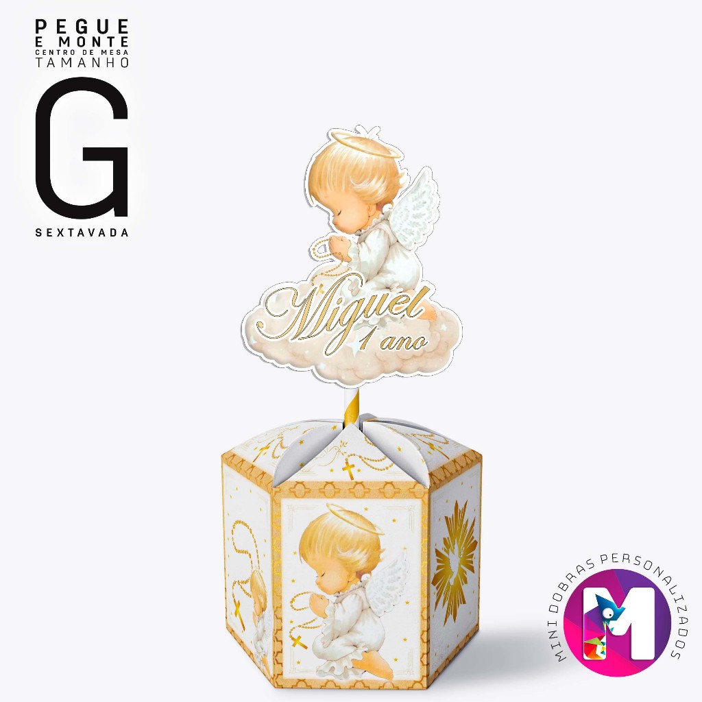 Centro de Mesa BATIZADO INFANTIL - Caixa Sextavada - Tamanho G - Personalizado (PEGUE E MONTE)