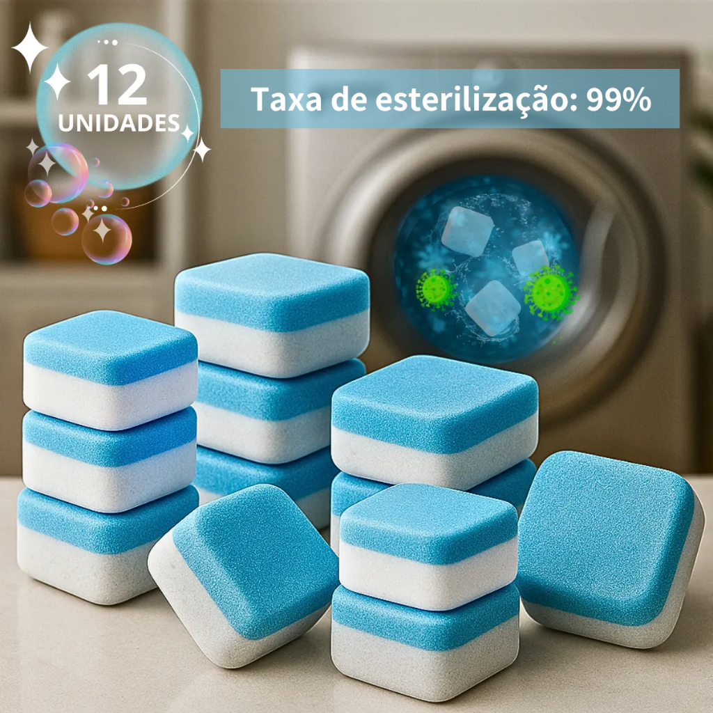 KIT 4/12/24/36 Pastilhas para Limpeza de Máquinas de Lavar Roupas Efervescentes Multifuncional