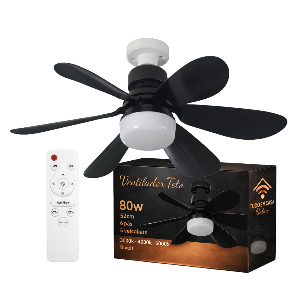 Ventilador de teto 80w 52cm 3 velocidades 6 pás 3 em 1 bivolt E27 Tudo em Casa Online em Oferta na Shopee