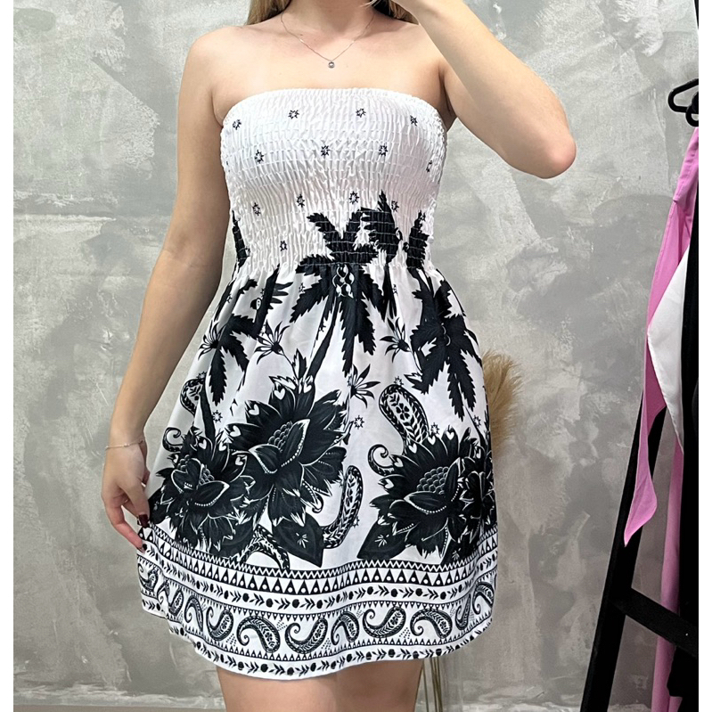Vestido curto tomara que caia com elastex estampa tropical verão em Oferta na Shopee