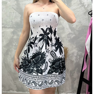 Vestido curto tomara que caia com elastex estampa tropical verão em Oferta na Shopee