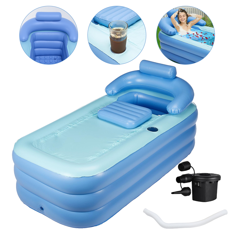 Banheira Inflável Portátil com Fundo Bolha Massagem, Bomba Elétrica e Assento, Azul, Kit Completo