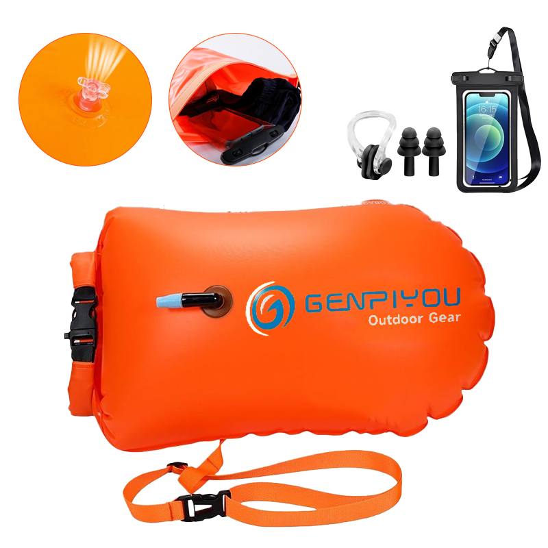 Boia de Natação Águas Abertas Dupla Câmara 200kg c/ Cinto e Kit Impermeável 5 em 1 - Laranja Neon