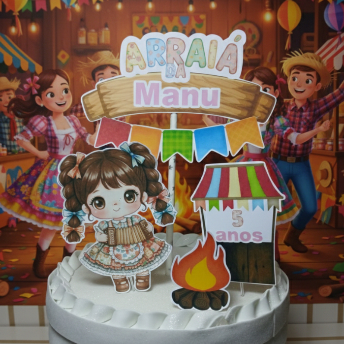 Topper/Topo de Bolo Arraia Personalizado Festa Junina -Menina ou  Menino. Ganhe 15 Topper de docinhos