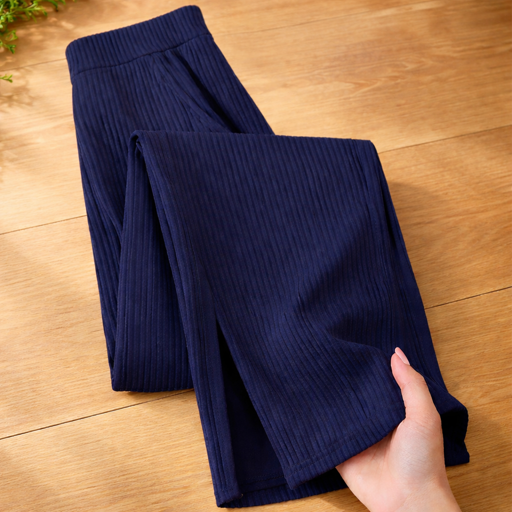 Calça Pantalona Feminina Cintura Alta Wide Leg Canelada com Fenda Lateral e Bolso – Moda Casual em Oferta na Shopee