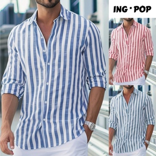Camisa Social Masculina Casual Bloco de Cores Verão Manga Longa Com Listras E Linho Gola Botão em Oferta na Shopee