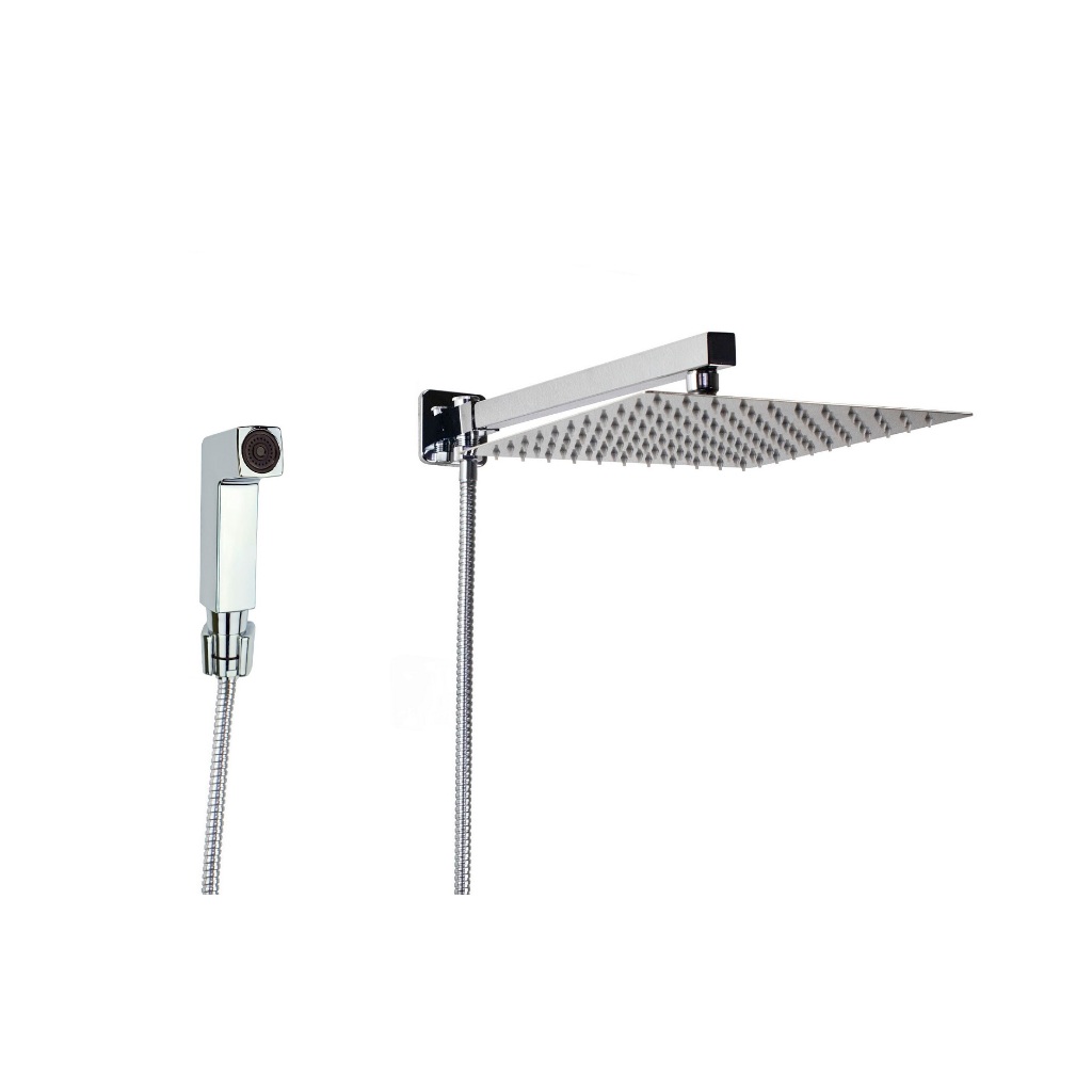 Ducha Quadrada em Inox 304 de 25 cm Cromado com Desviador de Parede e Ducha Manual em ABS