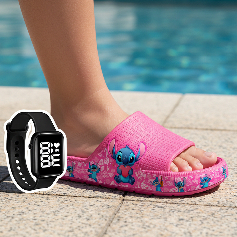 KIT Chinelo Nuvem Infantil Juvenil  Menina Sandália Papete Desenhos Confortavel e Leve + RELÓGIO