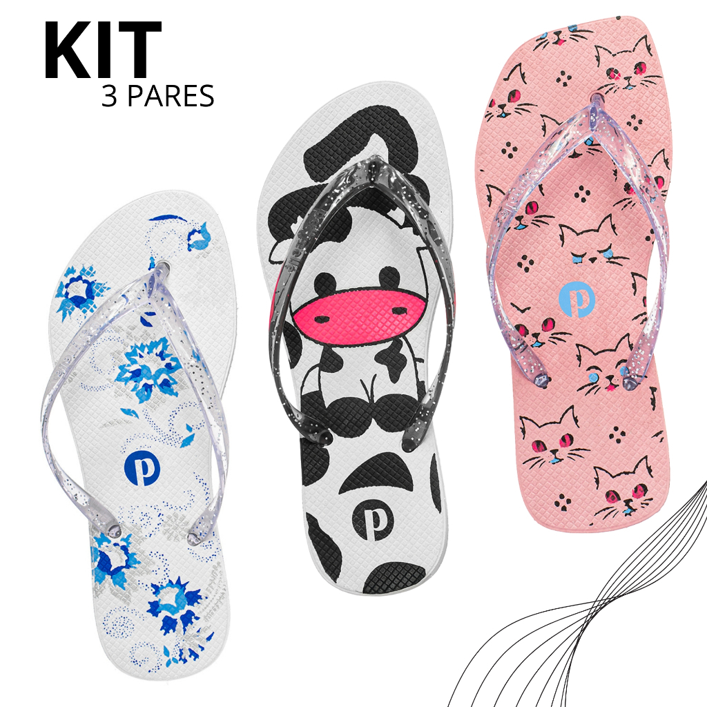 Kit 1, 2 e 3 Pares Chinelo Feminino Leve Macio Estampado