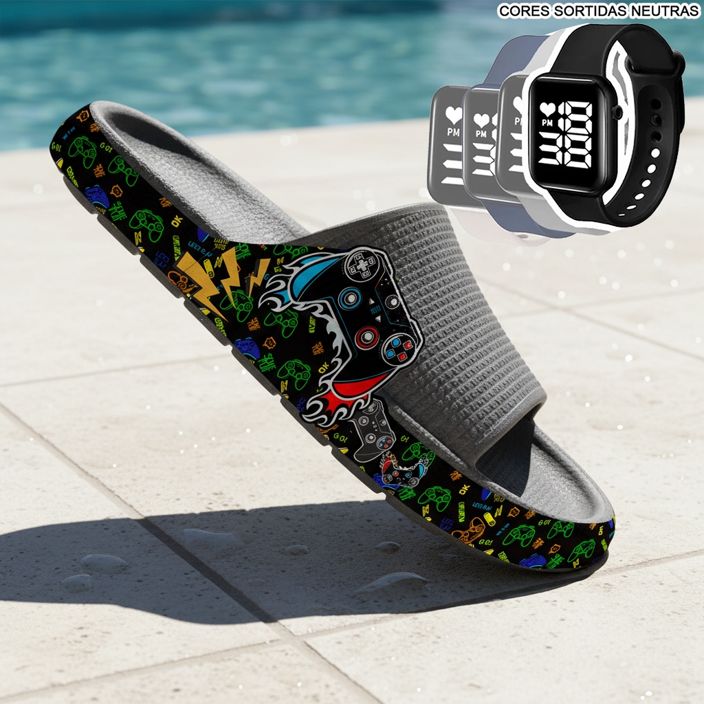 KIT Chinelo Nuvem Adulto Masculino Sandália Papete Confortável  Leve Desenhos + RELÓGIO