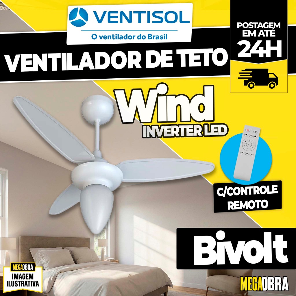 Ventilador Teto Ventisol Wind Inverter 3 Pás Branco Bivolt C/Controle Remoto