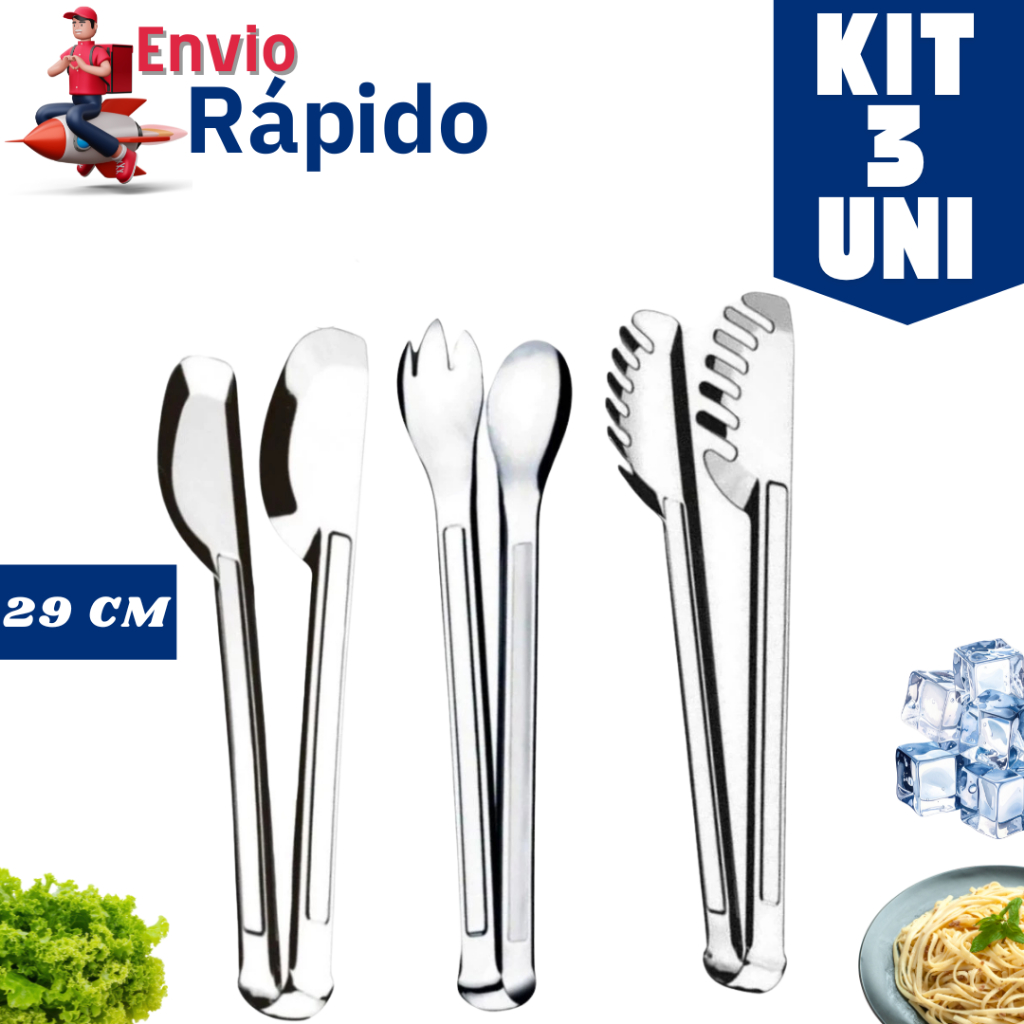 Kit 3 Utensílio de Cozinha Aço Inox 29cm Pegador Universal Multiuso Saladas Massas Cozinha Buffet Restaurante Padaria