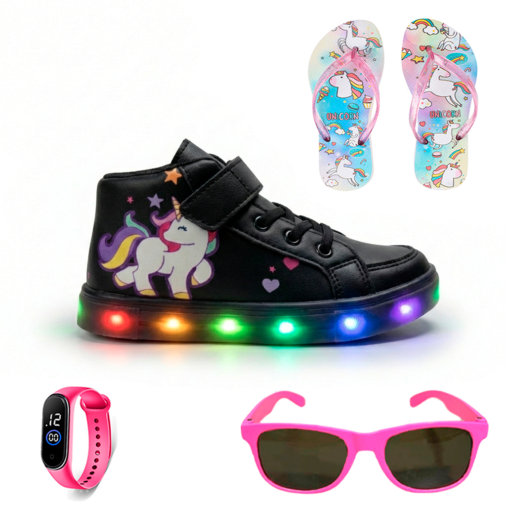 Tênis Infantil De Led Feminino Botinha Unicórnio Meninas Luzinha + Chinelo Óculos Relógio