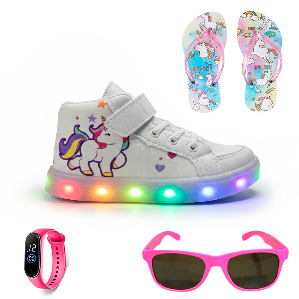 Tênis Feminino Infantil De Led Botinha de Unicórnio Infantil Escolar + Chinelo + Oculos + Relogio em Oferta na Shopee