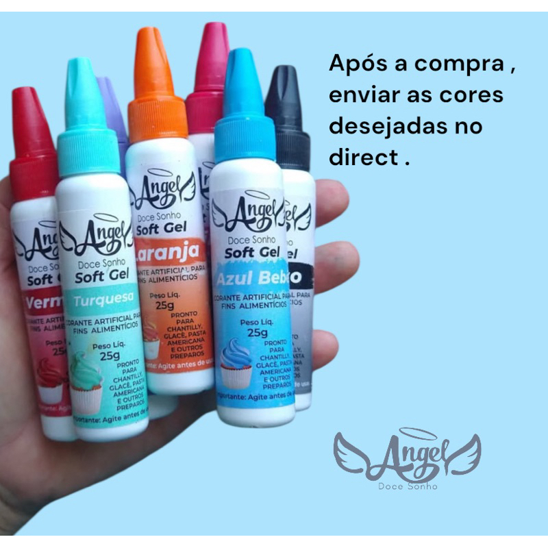 kit Corante soft Gel 25gr Angel ,cores á escolha,Cor Intensa, Não Amarga, Ideal, para Chantilly e Buttercream em Oferta na Shopee