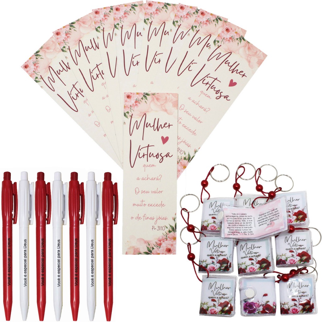 Kit Lembrancinhas Evangélicas Mulher Virtuosa Marca Página Caneta e Chaveiro Bíblia