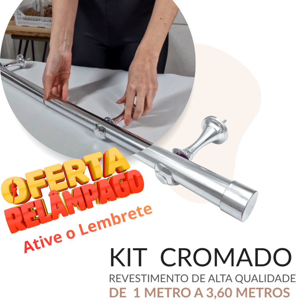 VARÃO DE CORTINA CROMADO EM AÇO (SUPORTE EUROPEU) - 1 Metro 2 Metros 3 Metros - Várias Medidas