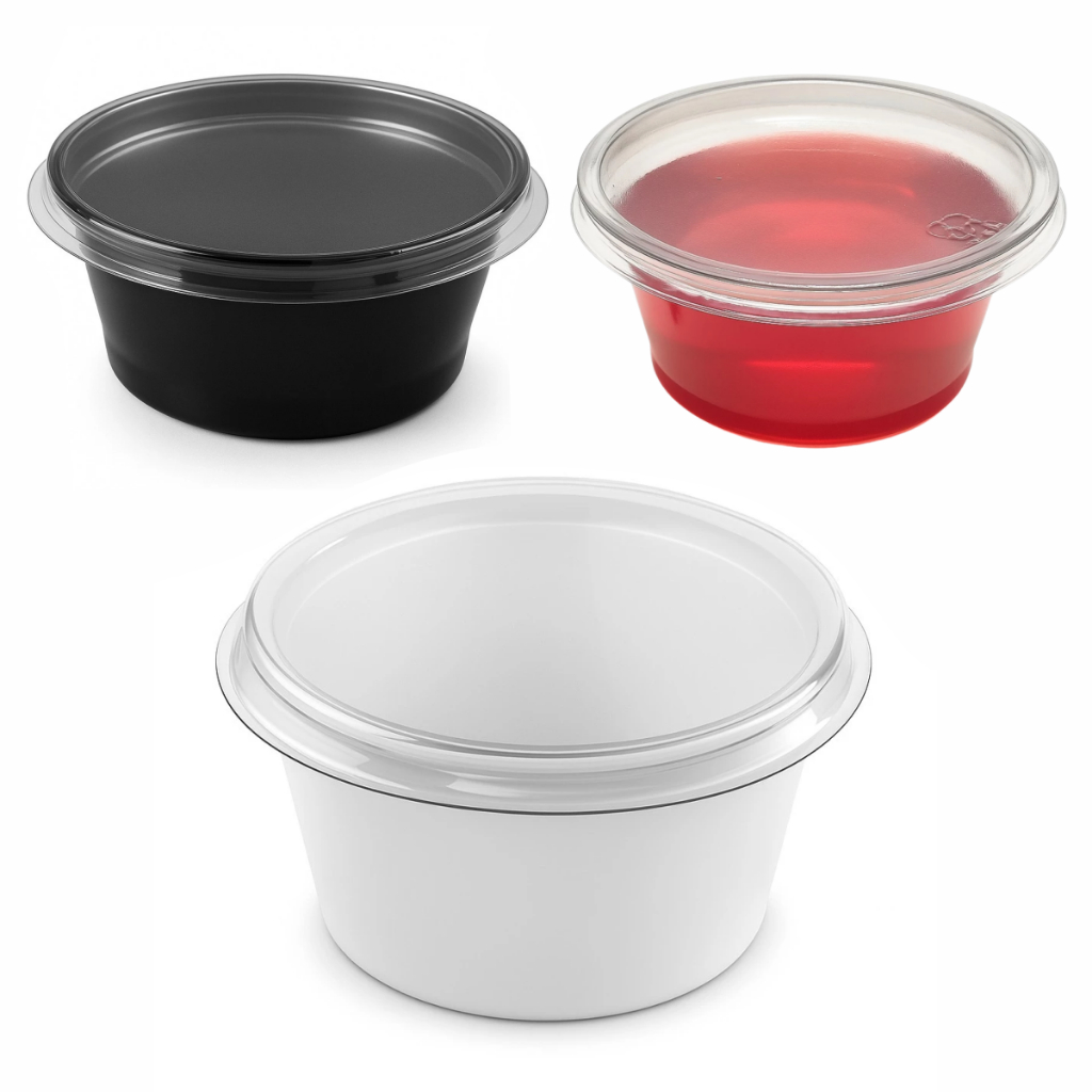 Potinho Molheira Branca, Preta e Cristal 30mL Pote com Tampa Pacote com 50, 100, 150 & 200 Unidades