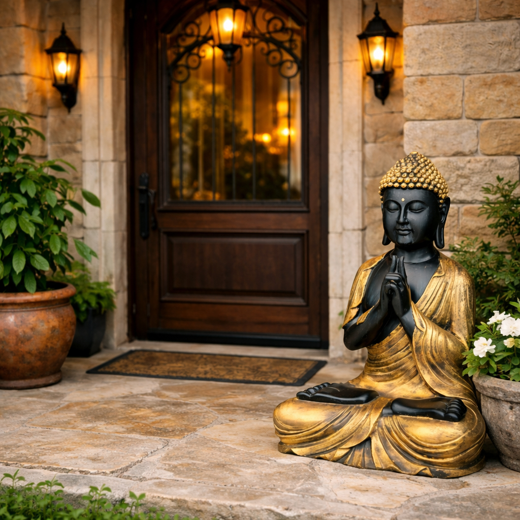 Imagem Estatua Buda Tibetano Orando Cinza Concreto Zen Resina 46cm