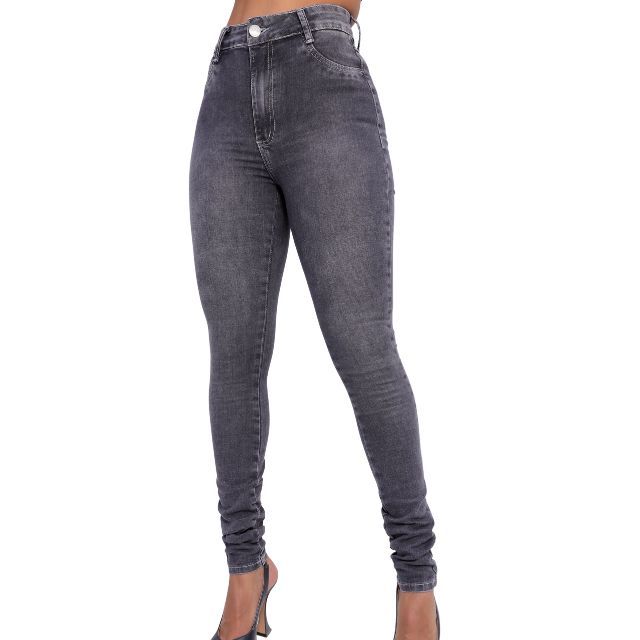 2534 - Calça Jeans Skinny Feminina Cintura Alta Preta Estonada  com Lycra Volta as Aulas Escola Uniforme Calça Carmen
