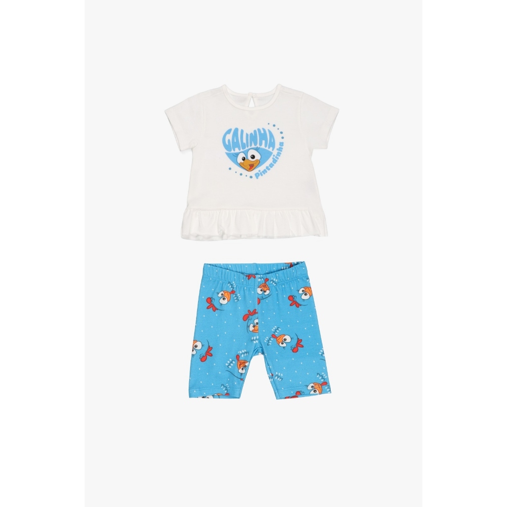 Conjunto Galinha Pintadinha Bebê Menina Blusa Camiseta Meia Malha Ciclista Roupa Verão Casual