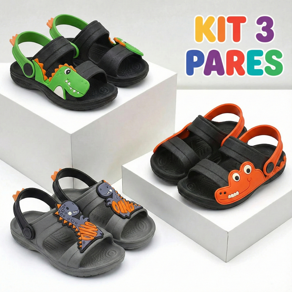 Kit 3 Papete Infantil Masculina Sandália Menino Confortável Infantil Volta As Aulas Casual