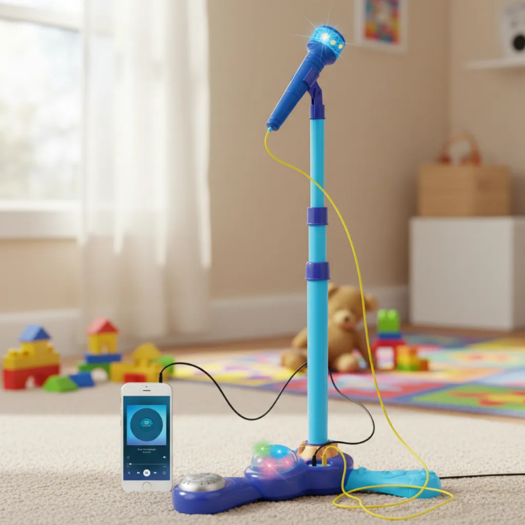 Microfone Infantil Musical Com Pedestal Luz Alto Falante E Conexão Smartphone