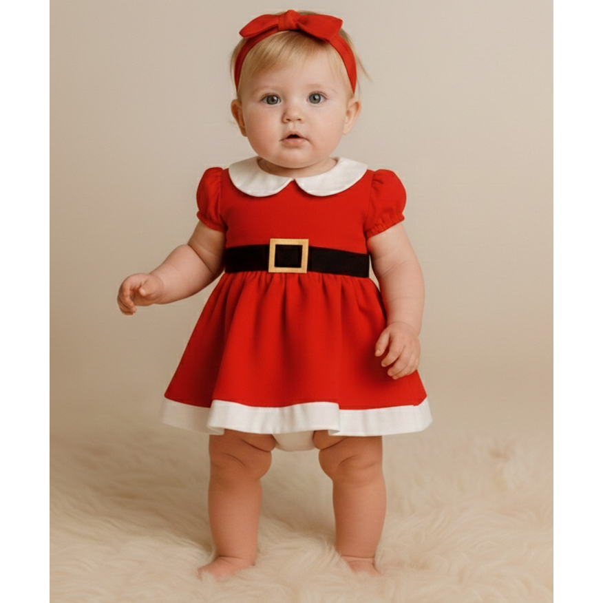 Vestido Infantil RN a 8 Anos Menina Bebê Fantasia Laço Cinto Natal Mamãe Noel Rodado Ensaio Foto