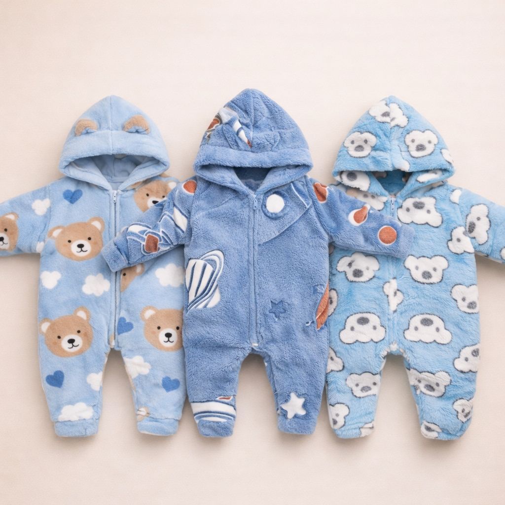 Kit 3 Peças Macacão Bebe Inverno Microfibra Com Capuz Menino em Oferta na Shopee