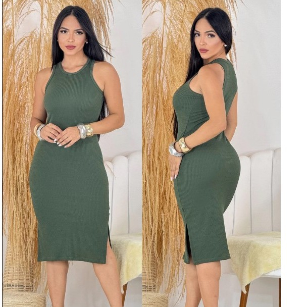 -Kit 2 Vestido Canelado Midi com Fenda Lateral Algodão e Elastano Casual e Estiloso para o Verão Moda Feminina 3-Vestido