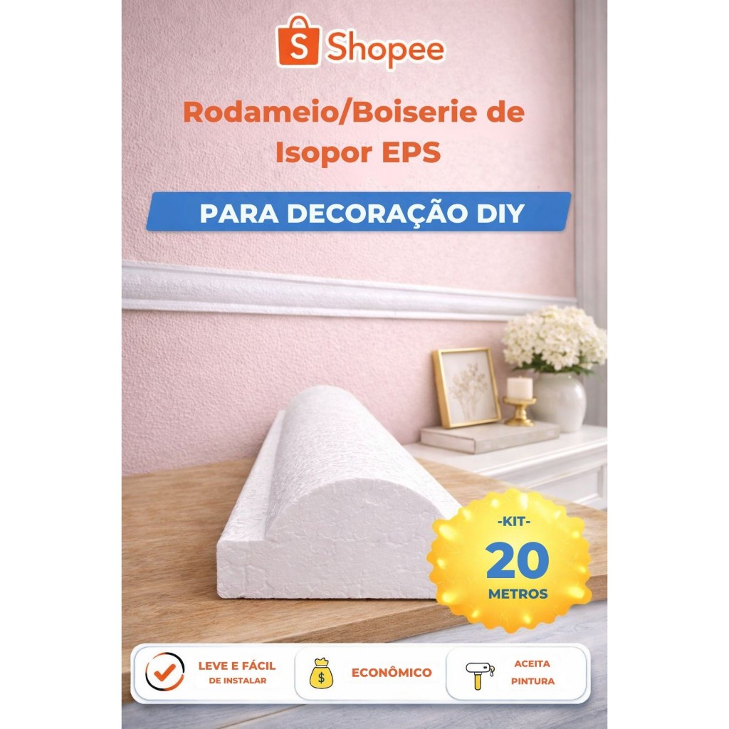 Rodameio / Boiserie em Isopor Cru – (KIT 20 BARRAS/METROS) Leve, Decorativo, Fácil Instalação – 2,5 x 4,5 cm