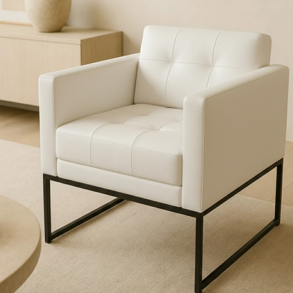 Poltrona Decorativa Courino Corino Luxo Recepção Escritorio Sala Medico Dentista Base De Aluminio Branco