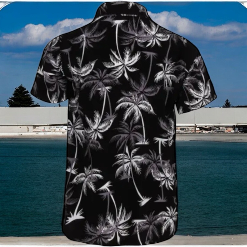 Uniforme Sesi Camisa Masculina com Estampa de Palmeiras Preta e Branca Estilo Hawaiano