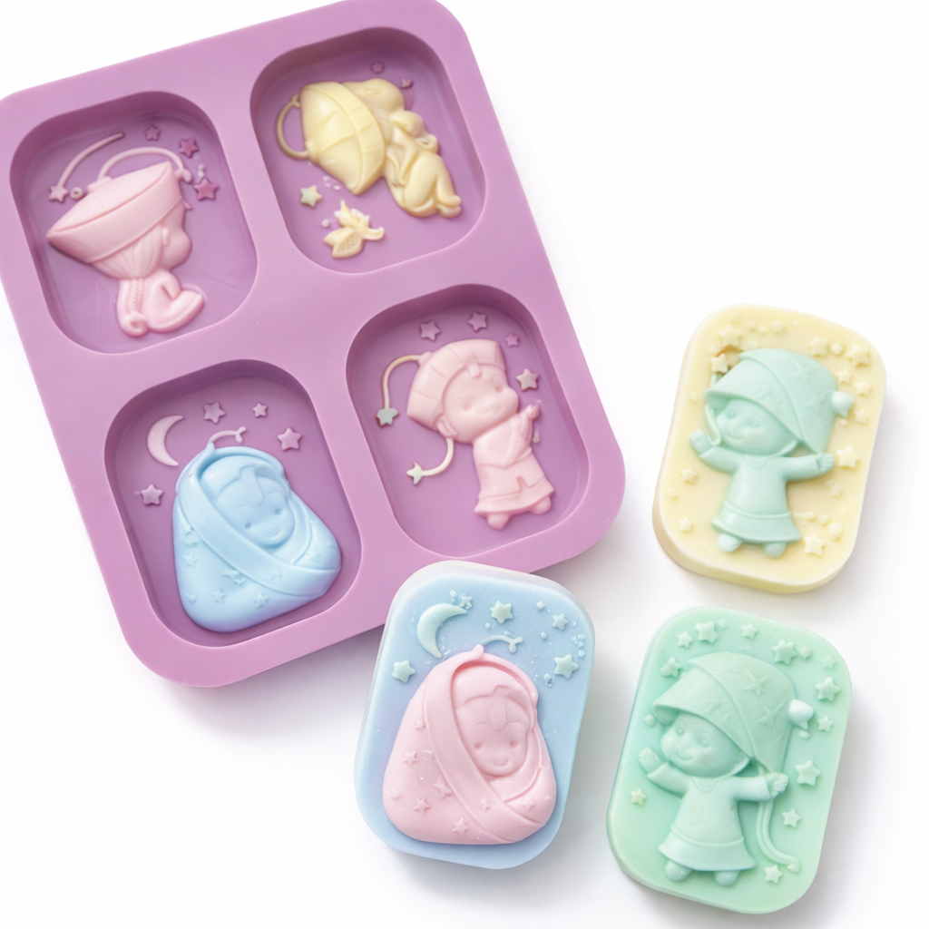Forma Molde de Silicone 4 Cav Menino Mini Campones para Sabão Biscuit Resina