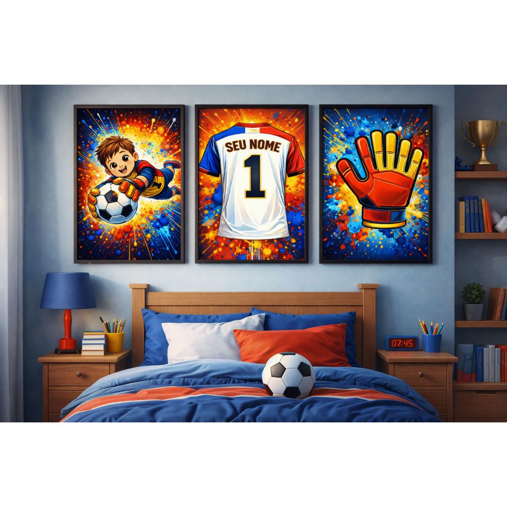 Quadro decorativo Futebol Goleiro Luva personalizado com nome decoração quarto infantil